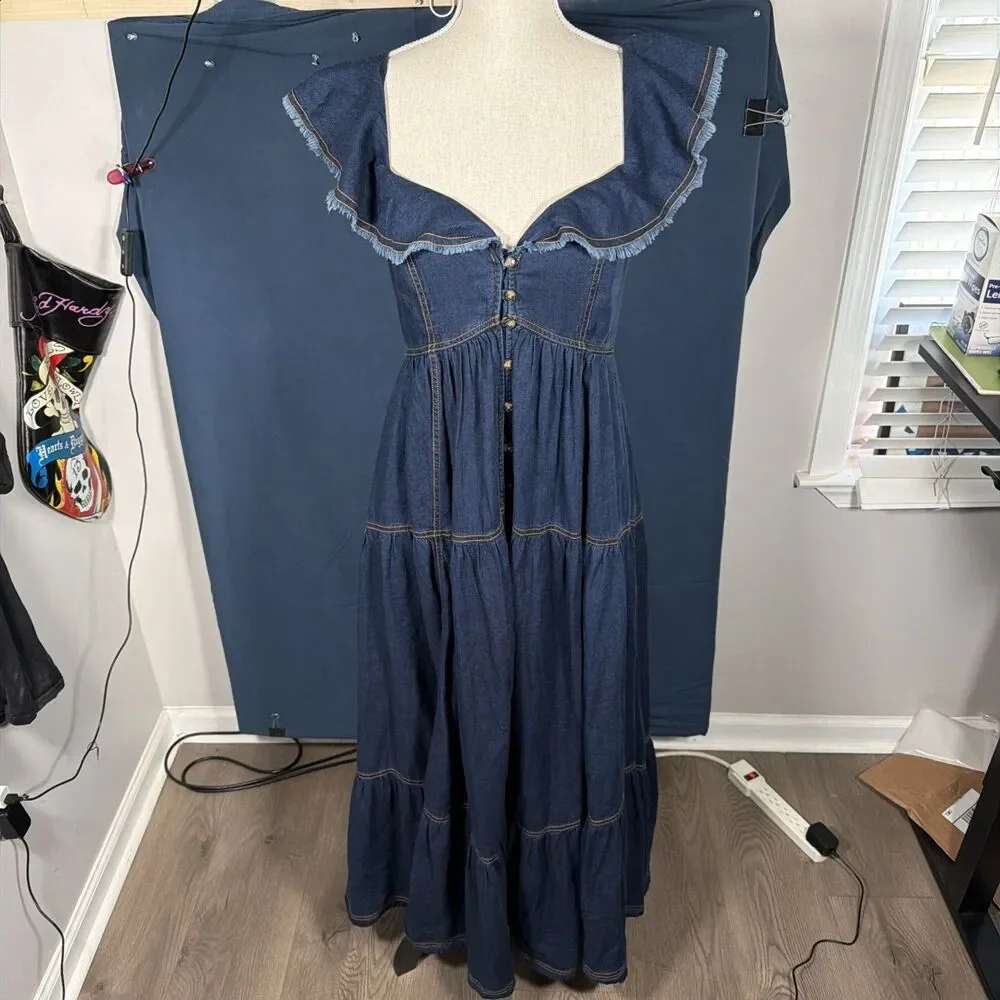 Anthropologie Pilcro Sweetheart Flutter-Sleeve Denim Buttondown Dress Size Small - Picture 2 of 8